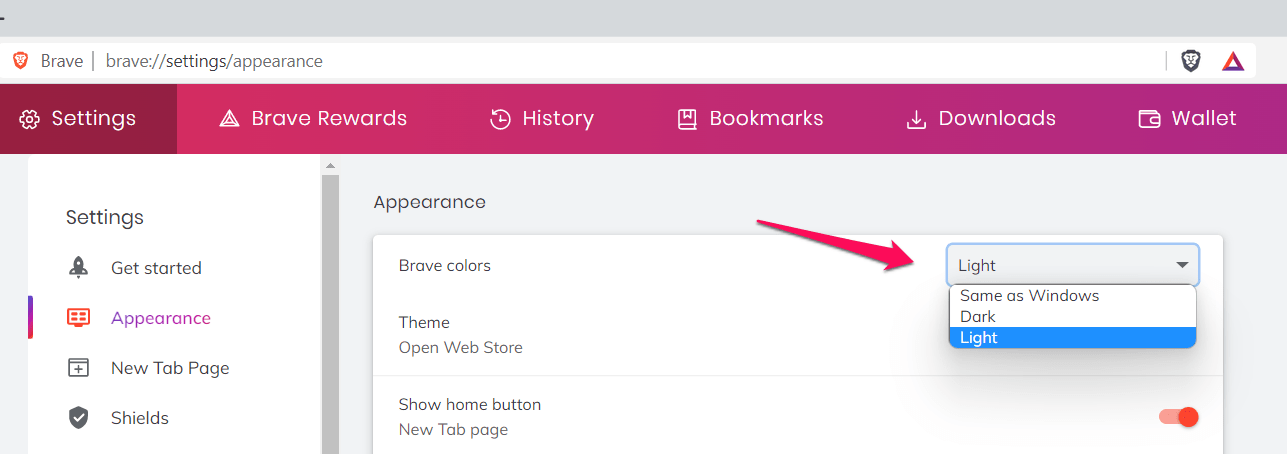 Choose the Brave Default Theme Color
