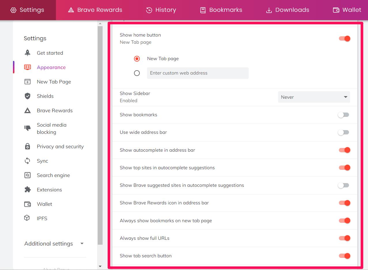 Customize Appearance options in Brave computer browser