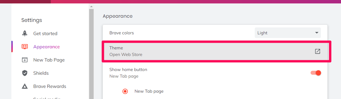 Open Theme Web Store from Brave computer