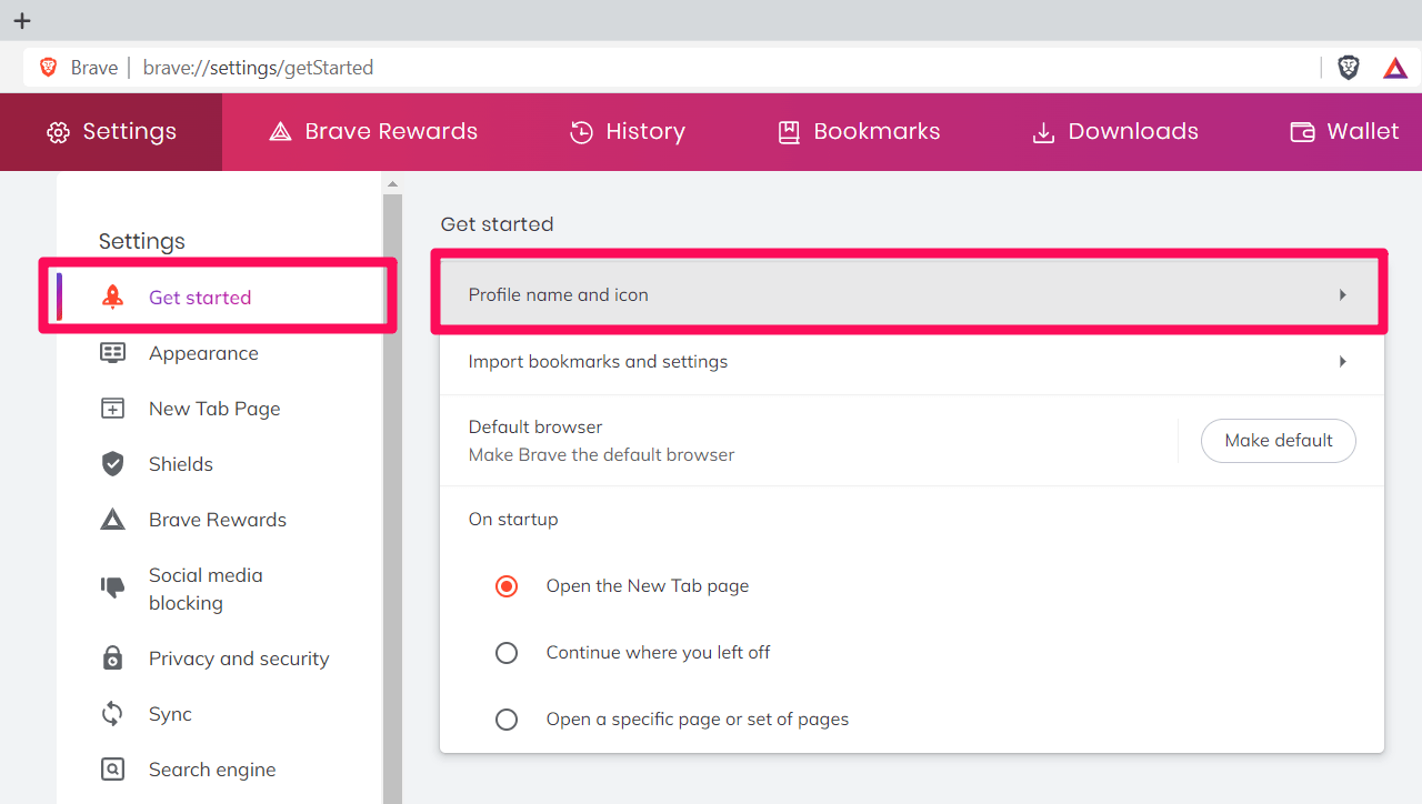 Profile name and icon tab in Get Started Brave computer