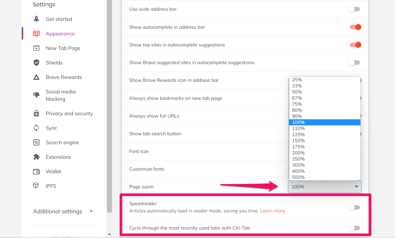 Select the default page Page Zoom level and customize speedreader and cycle through the tabs option for Brave